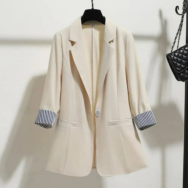 女性用ストライプスリーブジャケット、エレガントなミッドレングスコート、折り返し襟、七分袖、オフィス用シングル