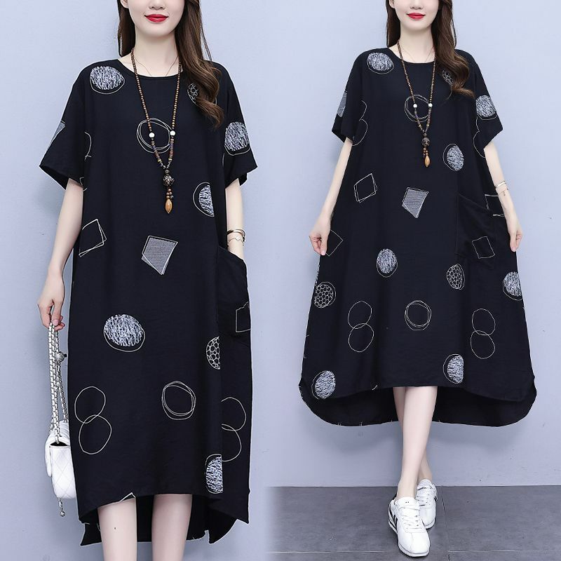 Women Summer Fashion Large size Printing Geometric Loose O-neck Short Sleeve Midi Dress Women Clothes Casual Patchwork Dresses