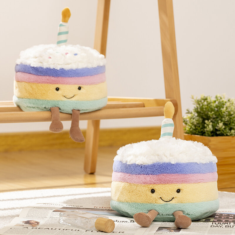 New Cute Fluffy Smile Rainbow Cake Plush Toy Simulation Stuffed Soft Plushie Dessert Birthday Cake Doll for Kids Birthday Gifts