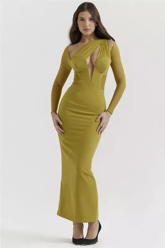 Gaun Maxi seksi Bodycon berlubang elegan baru untuk wanita mode jaring tipis Lengan klub gaun panjang cetak CSM7JY23718