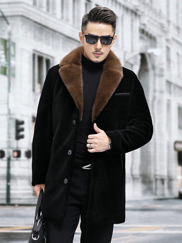 2023 Winter Men's Fashion Real Mink Fur Collar Coats Male Sheep Shearing Jackets Men Single Breasted Genuine Fur Outerwear P509