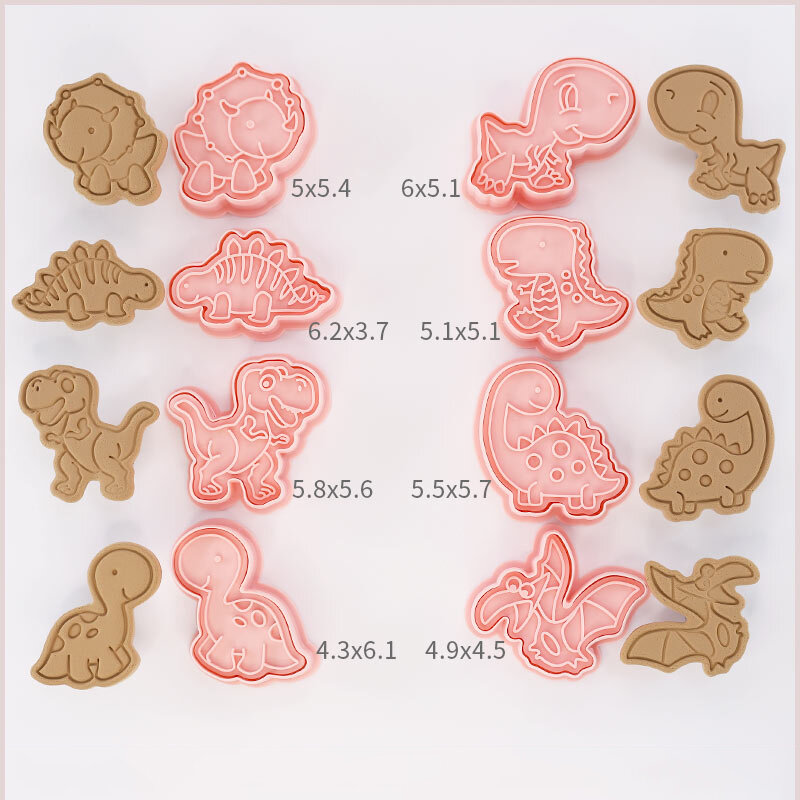 8 pçs/pçs/set forma de dinossauro cortadores biscoito plástico 3d dos desenhos animados pressable biscoito molde biscoito carimbo cozinha cozimento pastelaria bakeware