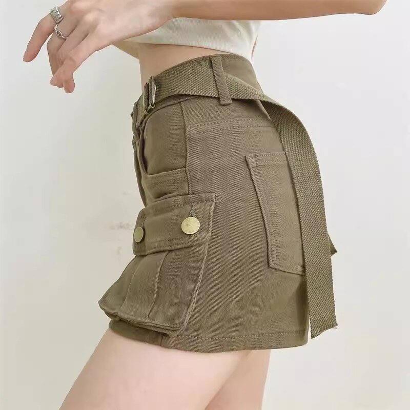 Streetwear Vintage Khaki Shorts Jeans Women Casual New Summer Big Pockets Denim Mini Pants High Waist Sexy Stretch Cargo Cortos