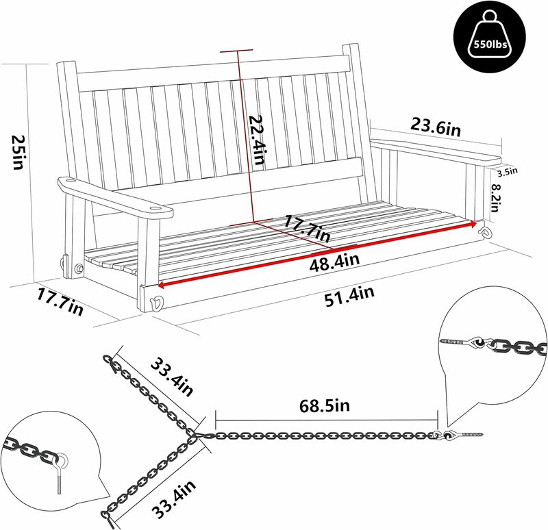 Balanço de madeira pendurado com correntes, Heavy Duty Swing Bench para jardim e quintal, Pátio ao ar livre