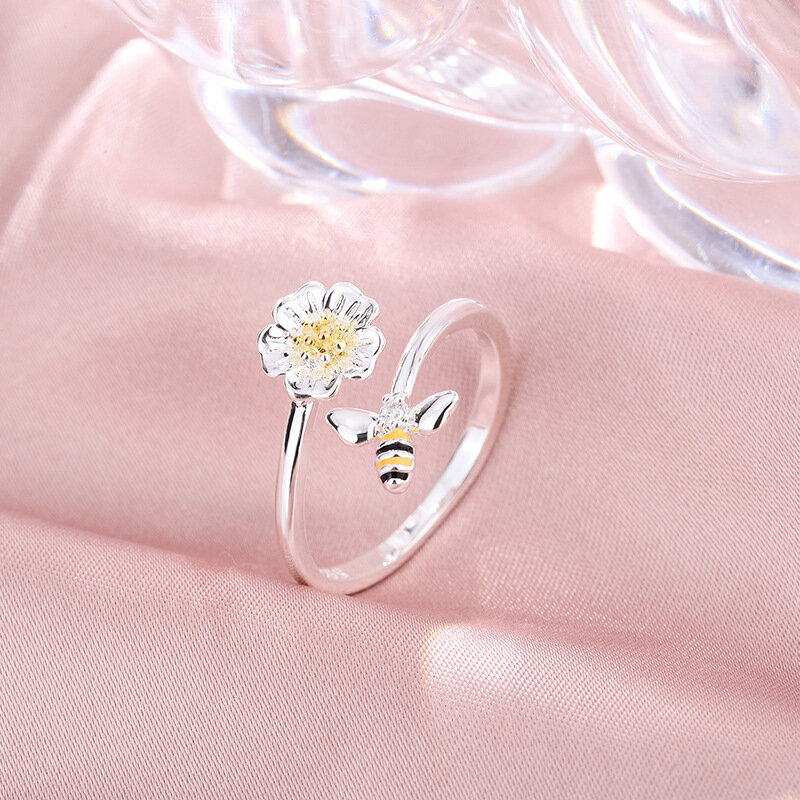 100% 925 anéis de prata esterlina para as mulheres flor abelha simples na moda retro aberto anillos festa presentes acessórios