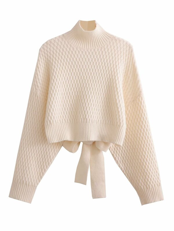 Yuerwang Sweater wanita punggung terbuka 2024 renda setengah kerah tinggi Sweater rajut semua cocok atasan seksi longgar musim gugur musim dingin