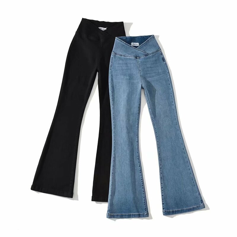 Harajuku Ins Style Blue Jeans for Women Retro Elastic High Waist Flared Pants Cross Waist Tight Jeans Straight Casual Slim Pants