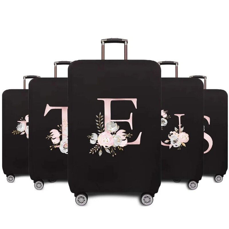 Sarung koper perjalanan 18- 28 inci, pelindung koper bagasi seri pola huruf bunga merah muda elastis pelindung debu