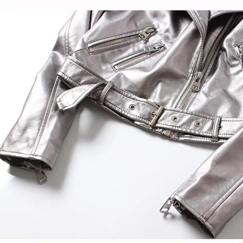 Damskie kurtki ze sztucznej skóry damskie z błyszczący srebrny PU kurtki motocyklowe motocyklowe płaszcze damskie miękkie skórzane odzież wierzchnia z paskiem nowość