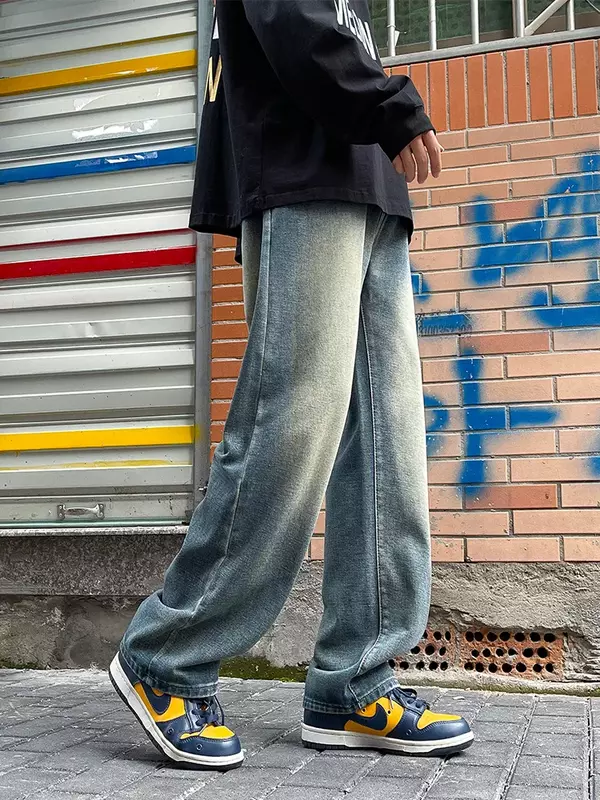 กางเกงยีนส์ขากว้างสีฟ้าแนววินเทจสำหรับผู้ชายกางเกงเอวยางยืดแบบลำลองสำหรับ MODE Korea กางเกงยีนส์ปี2024