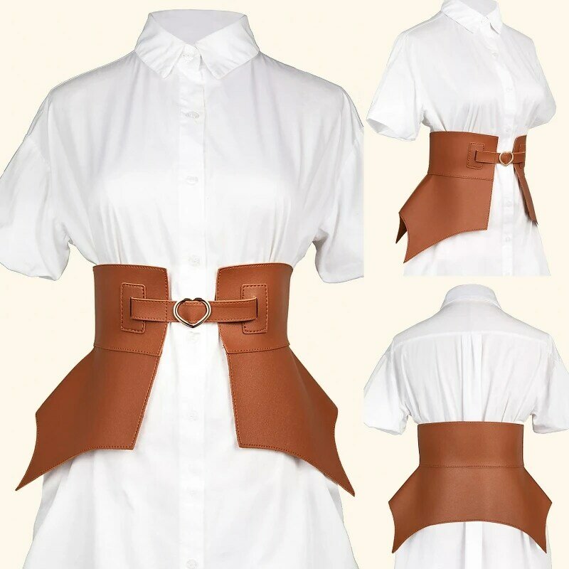 Vintage Women Faux Leather Heart Buckle Wide Belt Solid Color Waistband Dropship