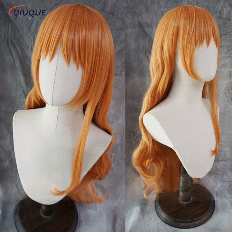 Wysokiej jakości peruka do Cosplay dla dorosłych Nami kobiety 75cm długie kręcone faliste pomarańczowe żaroodporne włosy Anime One Piece peruka do Cosplay s + czapka z peruką