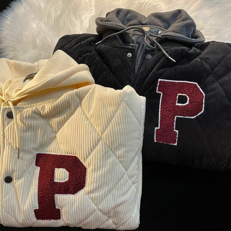 Winter Man Clothes 2022 Korean Streetwear Fake Two Pieces Chic Embroidery Letter Hoodie Baseball Outerwear Coat Hooded Jacket