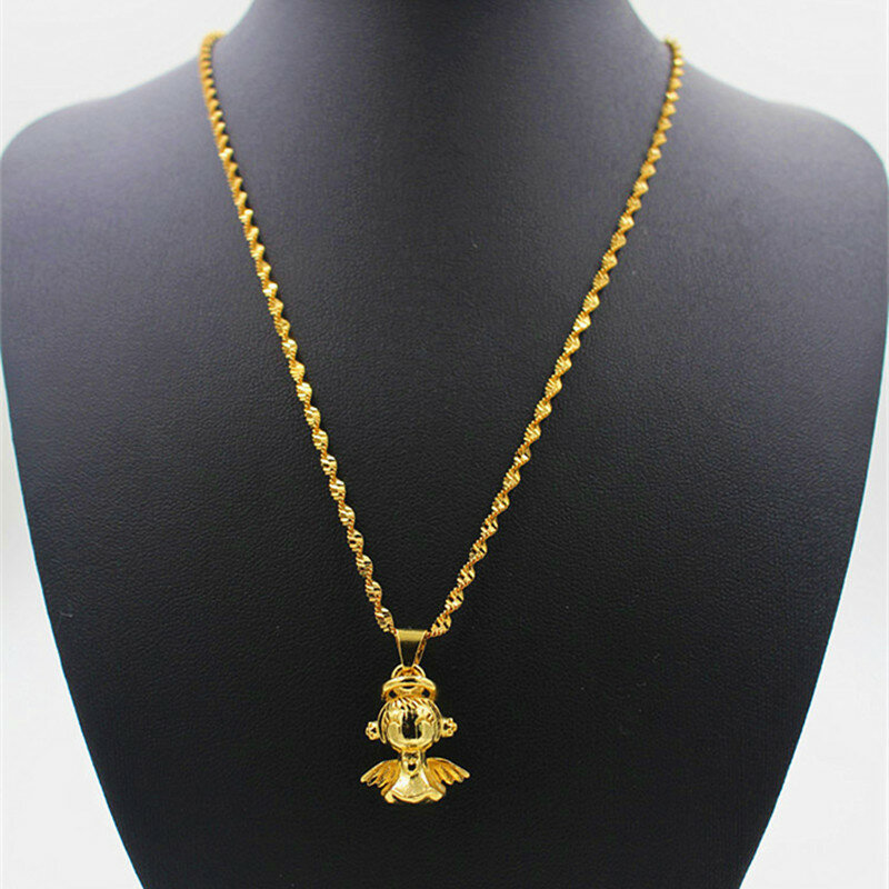 Kalung Berlapis Emas 24K Choker Malaikat Lucu untuk Wanita Perhiasan Wanita Hadiah Liontin Gelombang Air dengan Rantai Riak Air