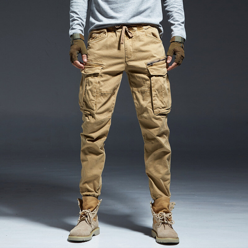 Calça jeans cargo longa masculina, bolsos grandes de algodão, cintura elástica, calça de inverno masculina, calça tática grossa, calça de jogging