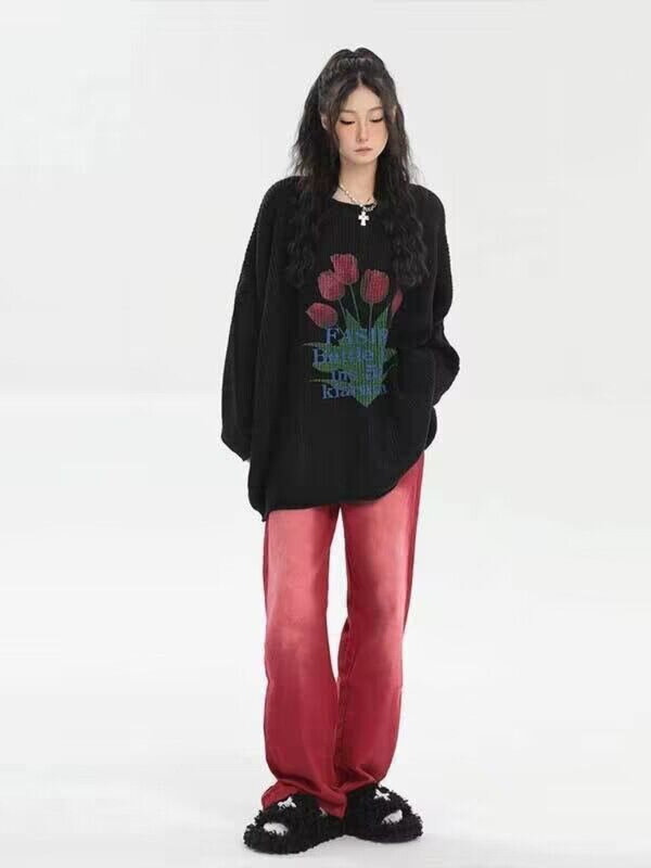 Винтажный вязаный свитер Y2K, женские пуловеры в стиле ретро Харадзюку с цветочным принтом, осенне-зимние Свободные Повседневные вязаные топы с длинным рукавом и круглым вырезом