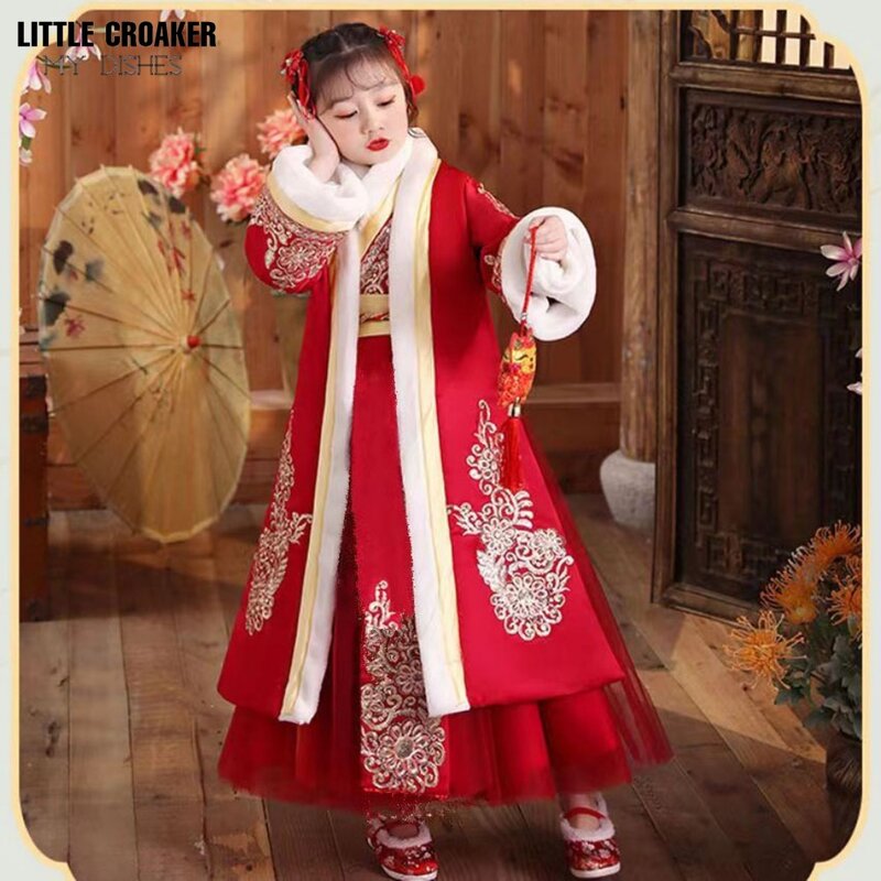 Terno acolchoado Hanfu Tang para meninas, traje antigo de fada infantil, roupa de ano novo chinês, vestido infantil com casaco, inverno