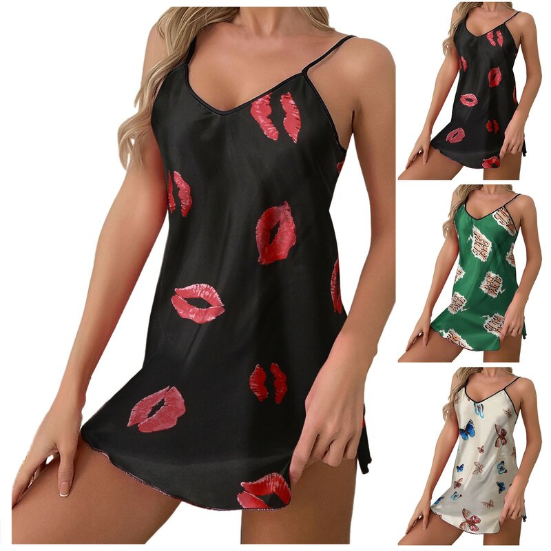 2024 Sexy V-Neck Nightdress Print Suspender Nightgown Summer New Female Sleepwear Bathrobe Gown Casual Comfortable Home Dress