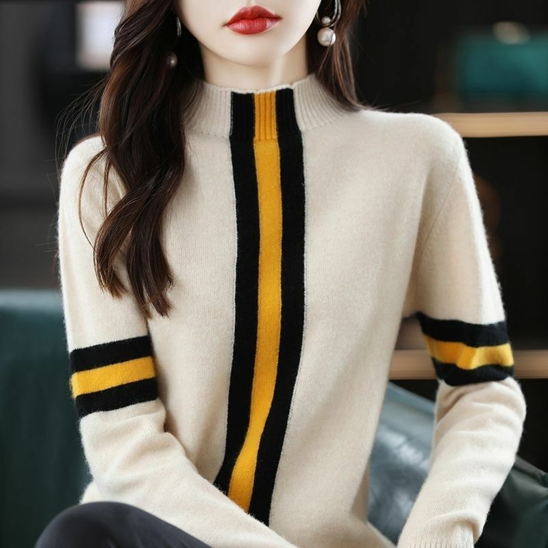 Women's Clothing Color Blocking Long Sleeve Pullovers Sweaters Korean Half High Collar Knitted Patchwork Jumpers Autumn Winter