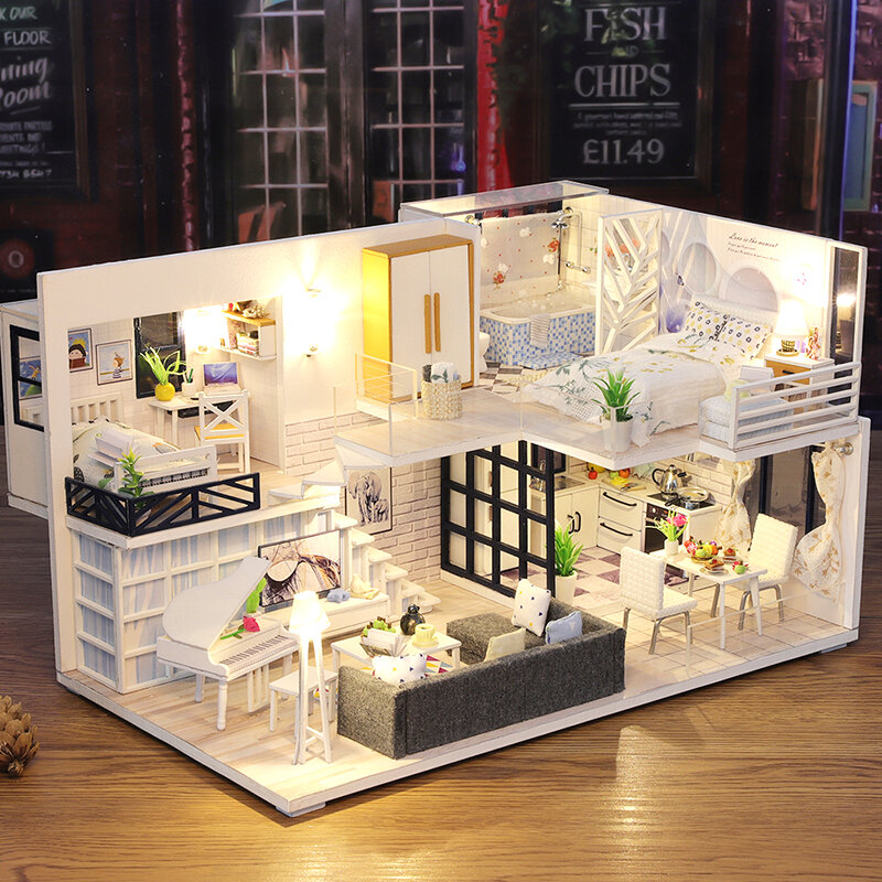 CUTEBEE DIY Puppenhaus Holz Puppe Häuser Miniatur Puppe Haus Möbel Kit Casa Musik Led Spielzeug für Kinder Geburtstag Geschenk M21