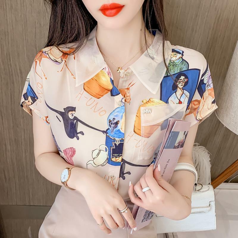Блузка женская шифоновая с геометрическим принтом, модная шикарная однобортная рубашка-поло с коротким рукавом и сращенной сеткой, лето