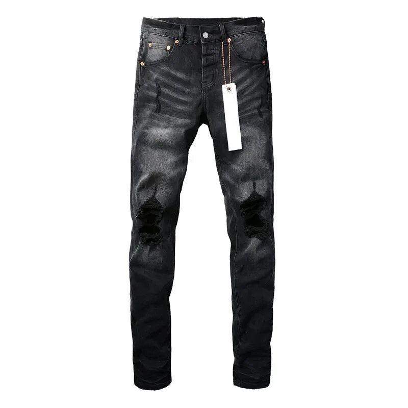Jins merek Roca ungu fesyen berkualitas tinggi jalanan, perbaikan lubang hitam, jeans ketat naik rendah, celana ukuran 28-40