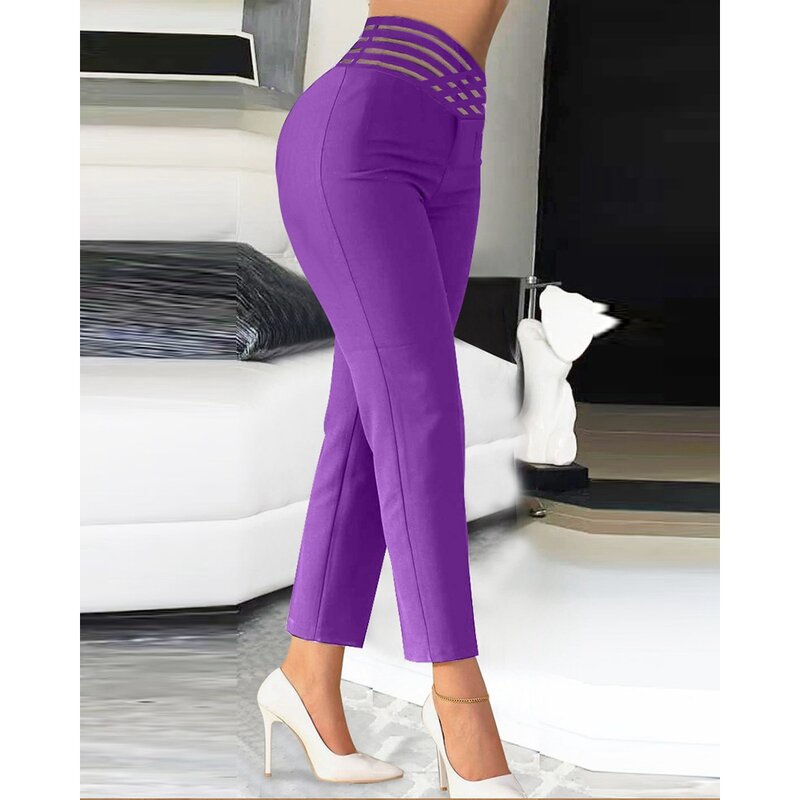 Elegant Women Overlap Waist Sheer Mesh Hollow Out Pants Female High Waist Casual Trousers Solid Women Workwear Clothing traf