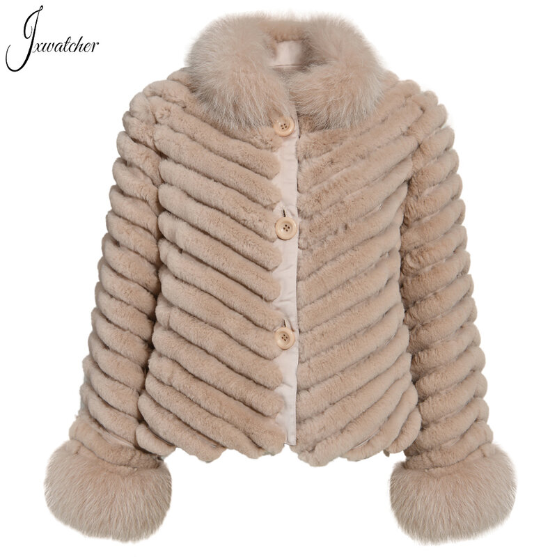 Jxwatcher 여성용 천연 토끼 모피 코트, 가역 모피 재킷, 진짜 여우 모피, 럭셔리 카사코, 가을, 겨울 패션