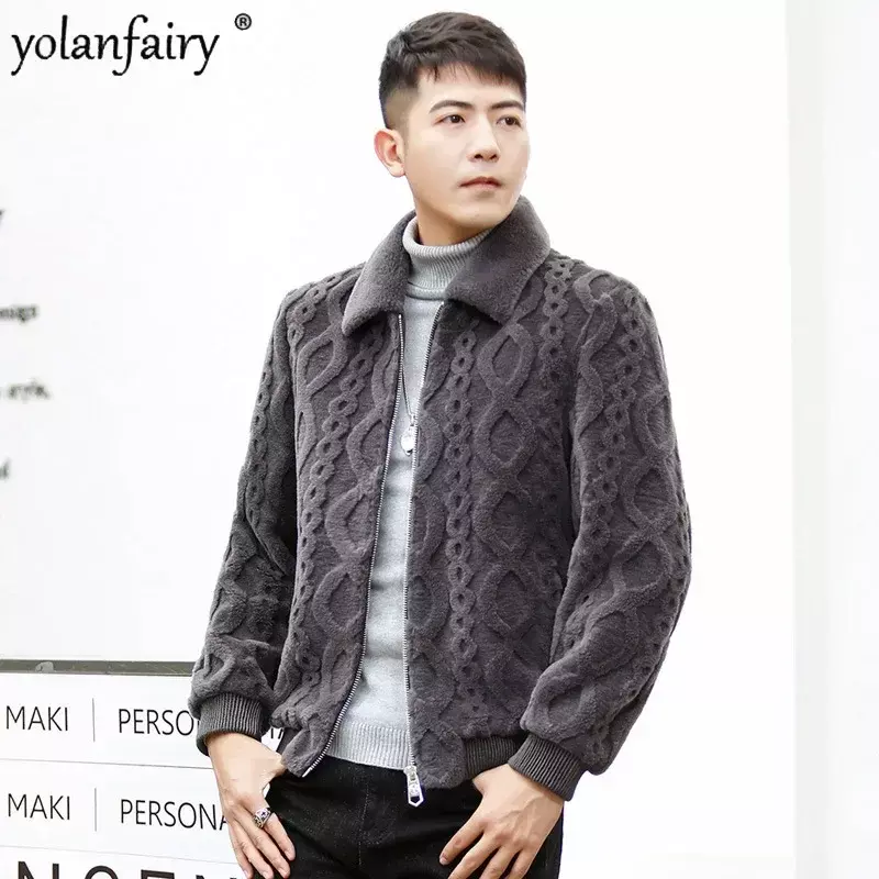 Jaqueta de lã de ovelha masculina, casaco inverno, partícula de lapela curta, casacos de lã, pele composta, roupa integrada, F