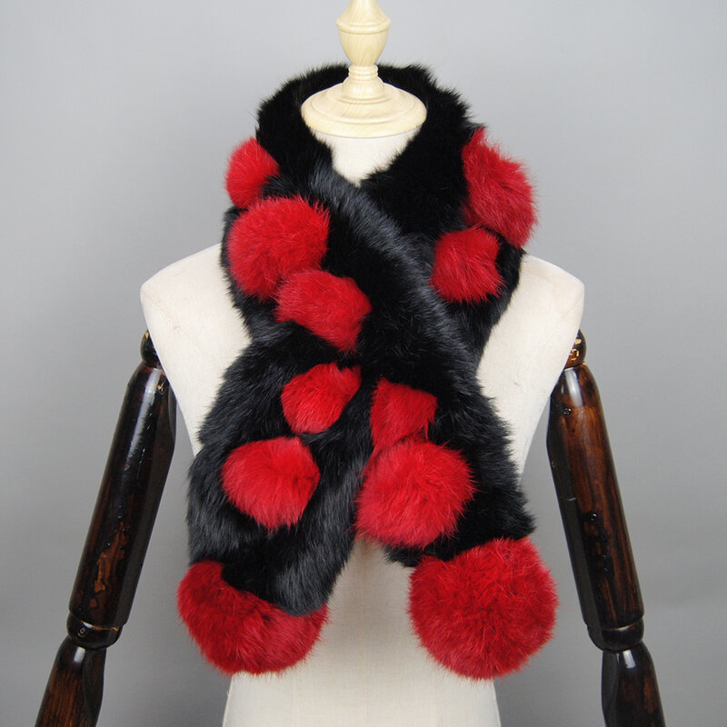 Bufanda de piel de conejo auténtica para mujer, bufandas largas y cálidas de pelo de conejo, pompones mullidos de punto, novedad de invierno, 2022
