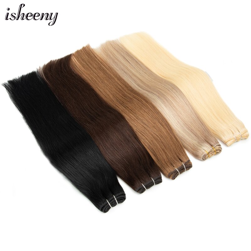 Isheeny-mechones de cabello humano brasileño Remy, pelo Natural liso, cosido, tejido, negro, marrón, Rubio