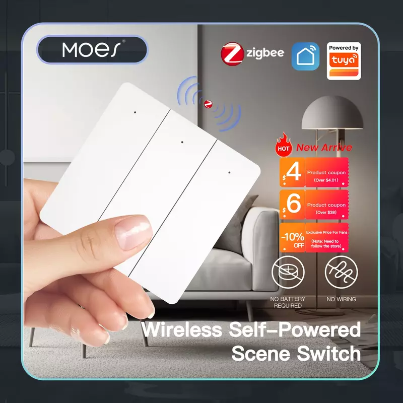 ZigBee Self Power Scene Switch, Tuya Smart, sem bateria, sem fiação, controle de energia cinética, automação residencial, controle de aplicativos de cenários