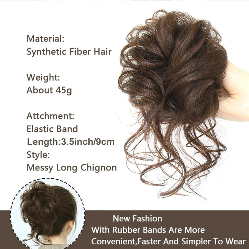 Sintético Bagunçado Cabelo Bun Scrunchies para Mulheres, Fake Hair Band, Trança Elástica Hairpiece, Envoltório Curly Ponytail