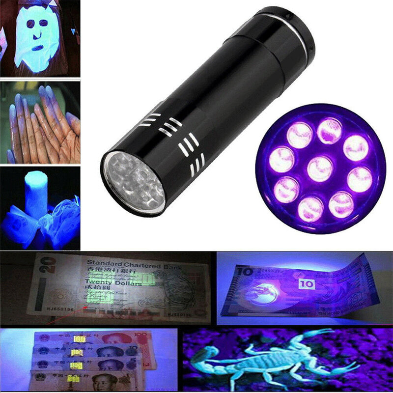 9 UV LED 자외선 손전등 다기능 미니 형광 토치, 경량 휴대용 야외 방수 비상 램프