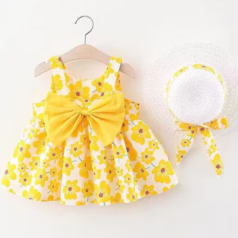 Nowa dziewczyna sukienka kwiatowa słodka letnia sukienka plażowa z kokardą dla dzieci w wieku od 0 do 3 odzież dla noworodka + zestaw kapeluszy 2 sztuk