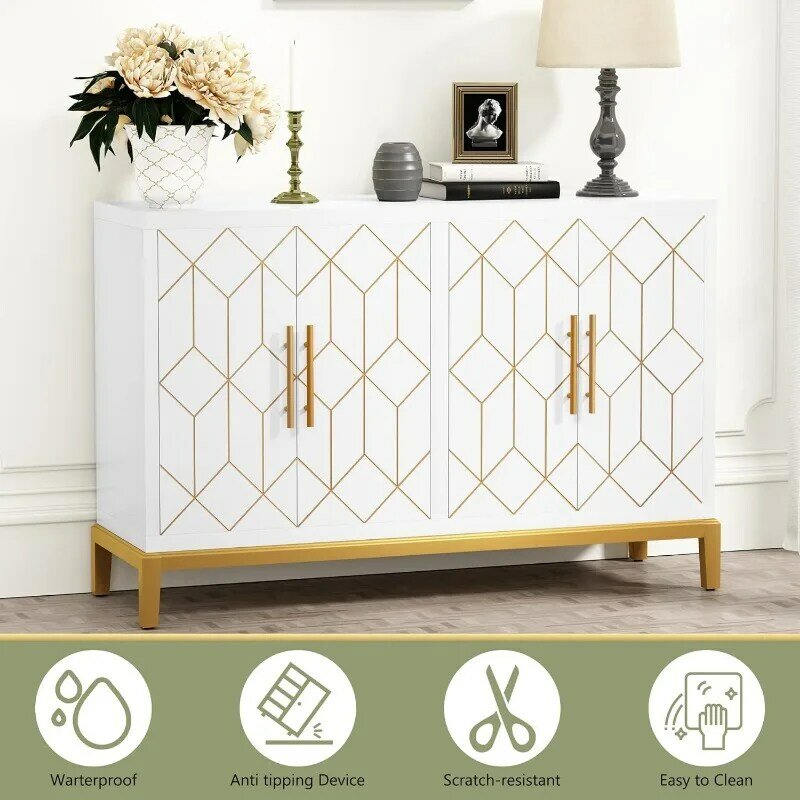 Aparador Buffet Cabinet com Linhas Douradas, Accent Cabinet com 4 Portas e Prateleiras, Modern Decorative Storage