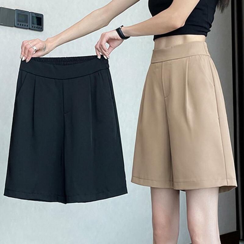 Pants High Waist A-line Summer Shorts with Pockets for Women Breathable Knee Length Pants Solid Colors Elastic Loose for Comfort