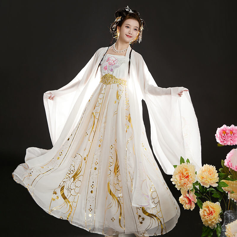 فستان هانفو الأبيض من سلالة تانغ للنساء ، قميص نسائي بأكمام فضفاضة ، زي قديم مطرز ، خرافية يومية ، فساتين صينية أنيقة