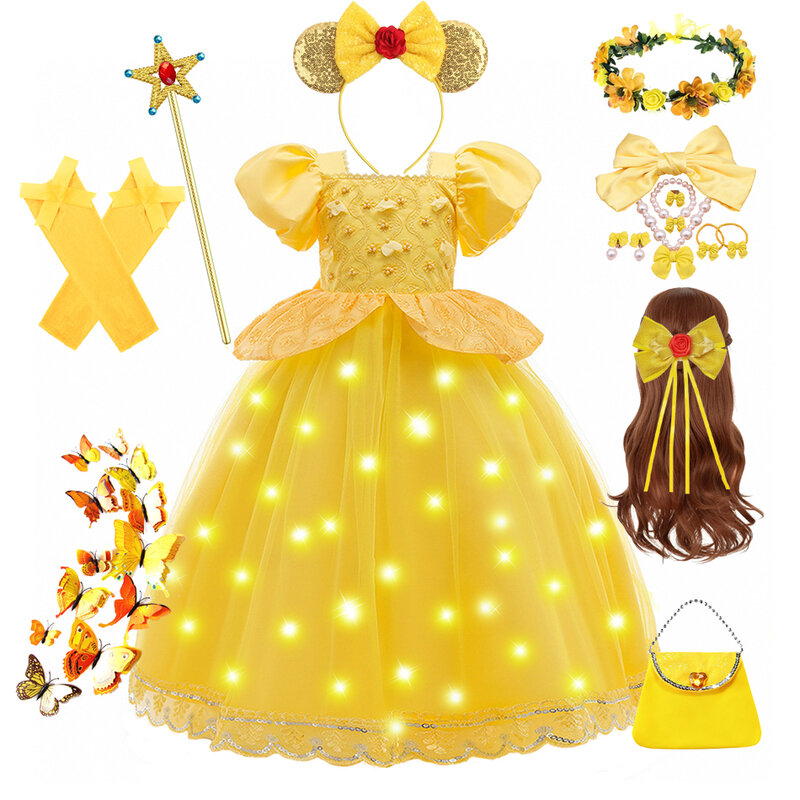 Disney Belle Princess suknia balowa żółta siateczkowa bufiasta spódnica dziecięca karnawał urodziny kostium na Halloween ślubna sukienka dziecięca w kwiaty