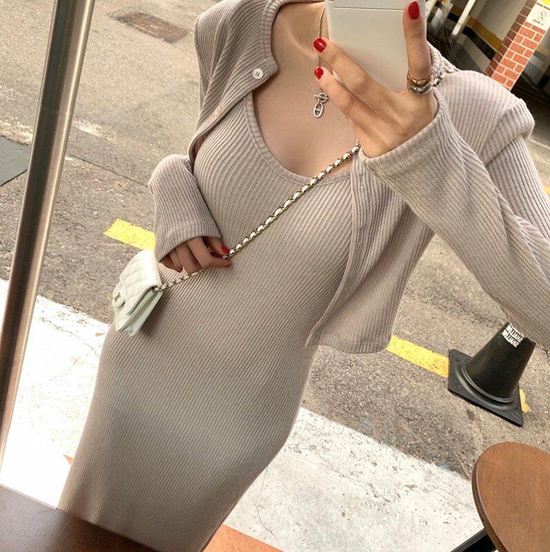 Elegant Two Pieces Set Women Spring Fashion Knitted Sweaters Sexy Sling Bodycon Dress And Casual Long Sleeve Cardigans 2023 New
