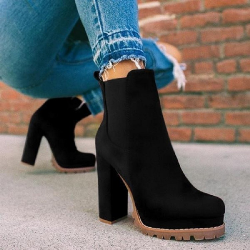 Autumn Women's Paltform Shoes Plus Size Chunky Heel Ankle Boots for Women Fashion Flock Heeled Shoes Slip on Ladies Short Boots