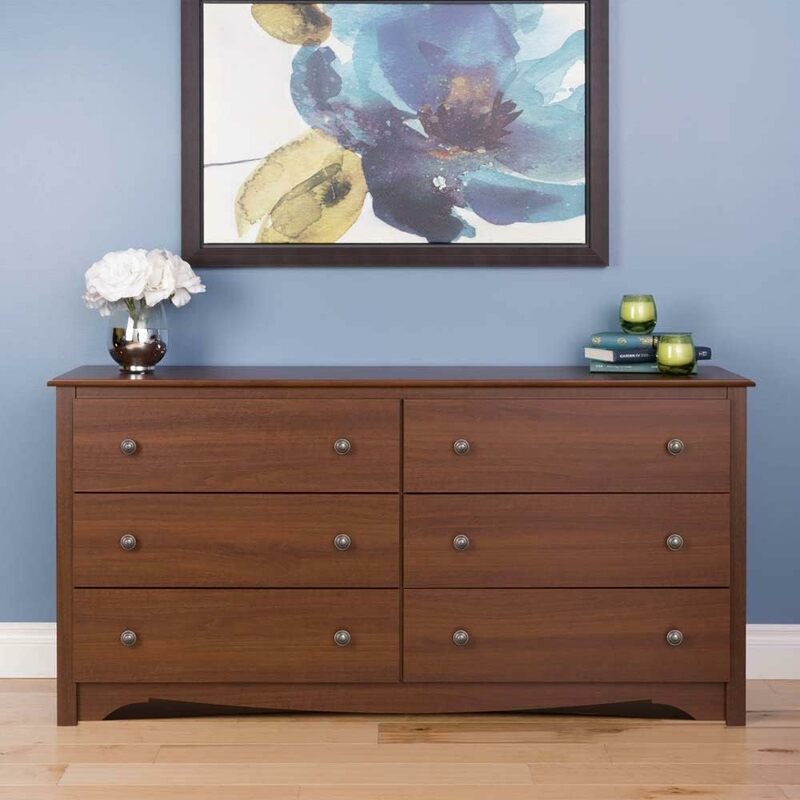Cherry Double Dresser for Bedroom, 6-Drawer Wide Chest of Drawers, Traditional Bedroom Dresser, CDC-6330-V, 59"W x 16"D x 29"H