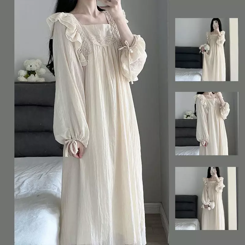 Gaun malam renda pakaian tidur wanita Korea Ruffles gaun malam musim semi satu potong piyama lengan panjang kerah persegi pakaian rumah 2024 baru