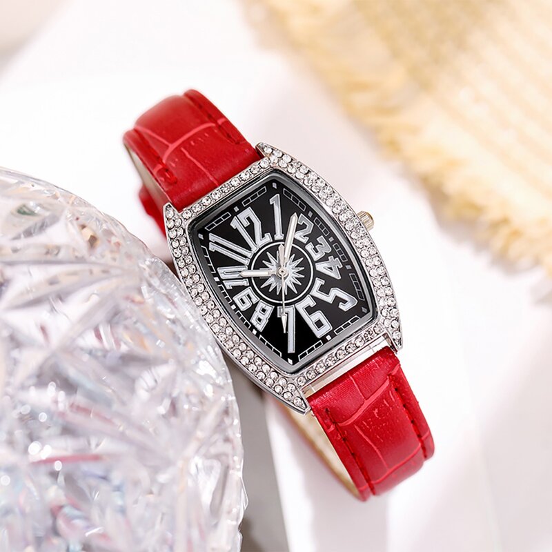 Vintage Ladies Watch Leather Belt Diamond-studded Wine Barrel Fashion Quartz Wristwatches Casual Faceted Watch Reloj Para Mujer