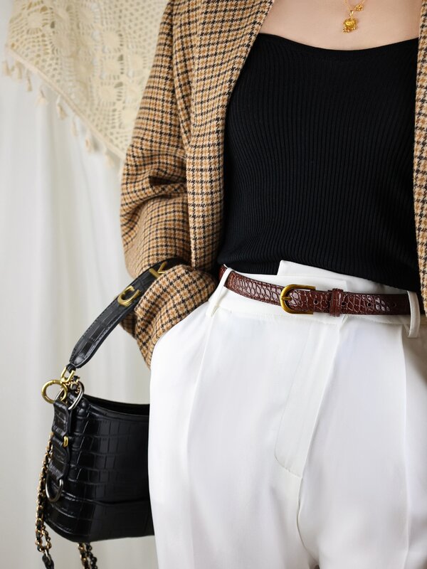 Cinturón de diseñador de cocodrilo para mujer, hebilla de Metal dorado Retro, cinturón de lujo de cuero genuino para mujer, faja delgada para Vestido vaquero