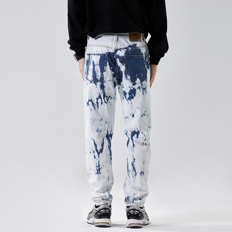 Light luxury and high-end quality white jeans MEN'S FASHION street fashion label loose washed printed straight leg denim pants