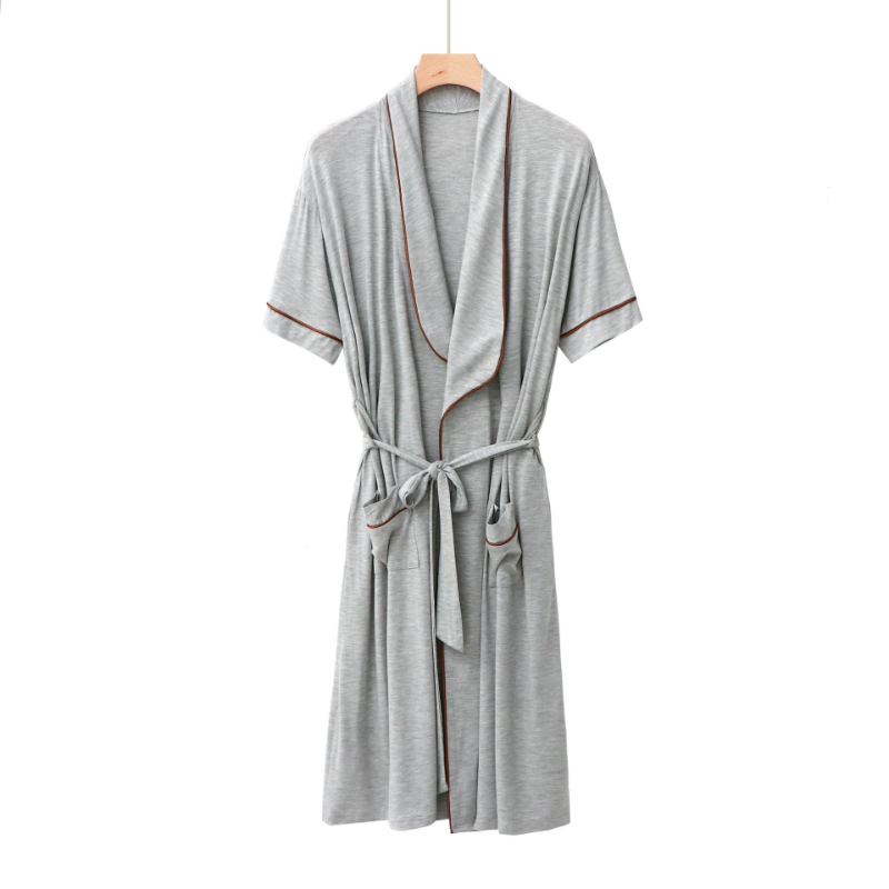 Pyjama Badjas Gewaden Voor Mannen Plus Size Modale Koreaanse Versie Korte Mouwen Revers Mid-Lengte Riem Drape Bad thuis Dragen Lange Gewaad