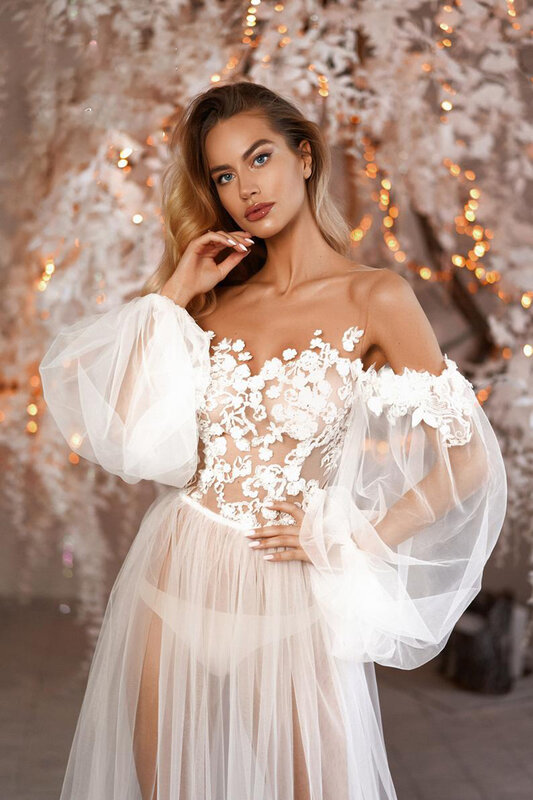 White Wedding Sleepwear Bridal Bathrobe Off Shoulder Long Sleeves Lace Appliqued Prom Dress Robe Custom Made Nightgown Pajamas