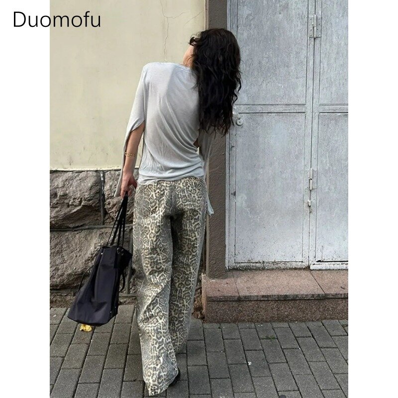 Duomofu-pantalones vaqueros con estampado de leopardo americano para mujer, Vaqueros rectos de cintura alta, estilo coreano, Retro, Y2K