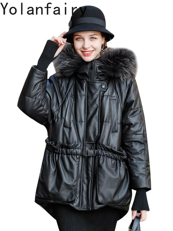 Jaqueta curta de couro genuíno feminina, casaco de pele de carneiro solta gola de pele de guaxinim quente de inverno, nova, 2023